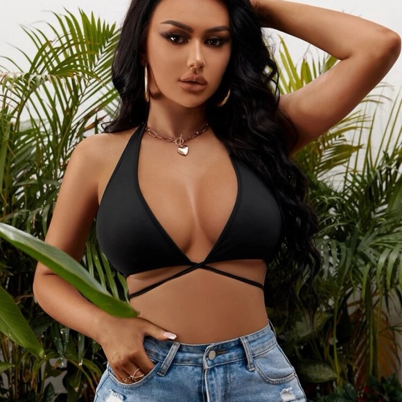 Plunging Neck Tie Backless Crop Halter Top | small - Picture 4 of 4